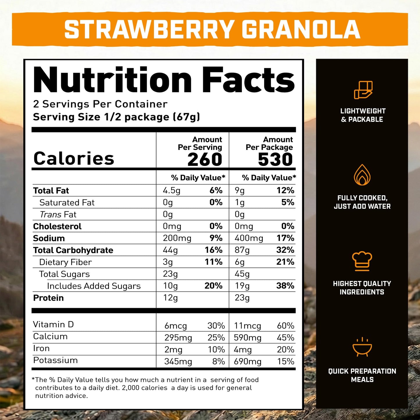 Peak Refuel Strawberry Granola 2-Pack | Freeze Dried Backpacking, Camping & Emergency Prep Food | 2 Servings Pouches