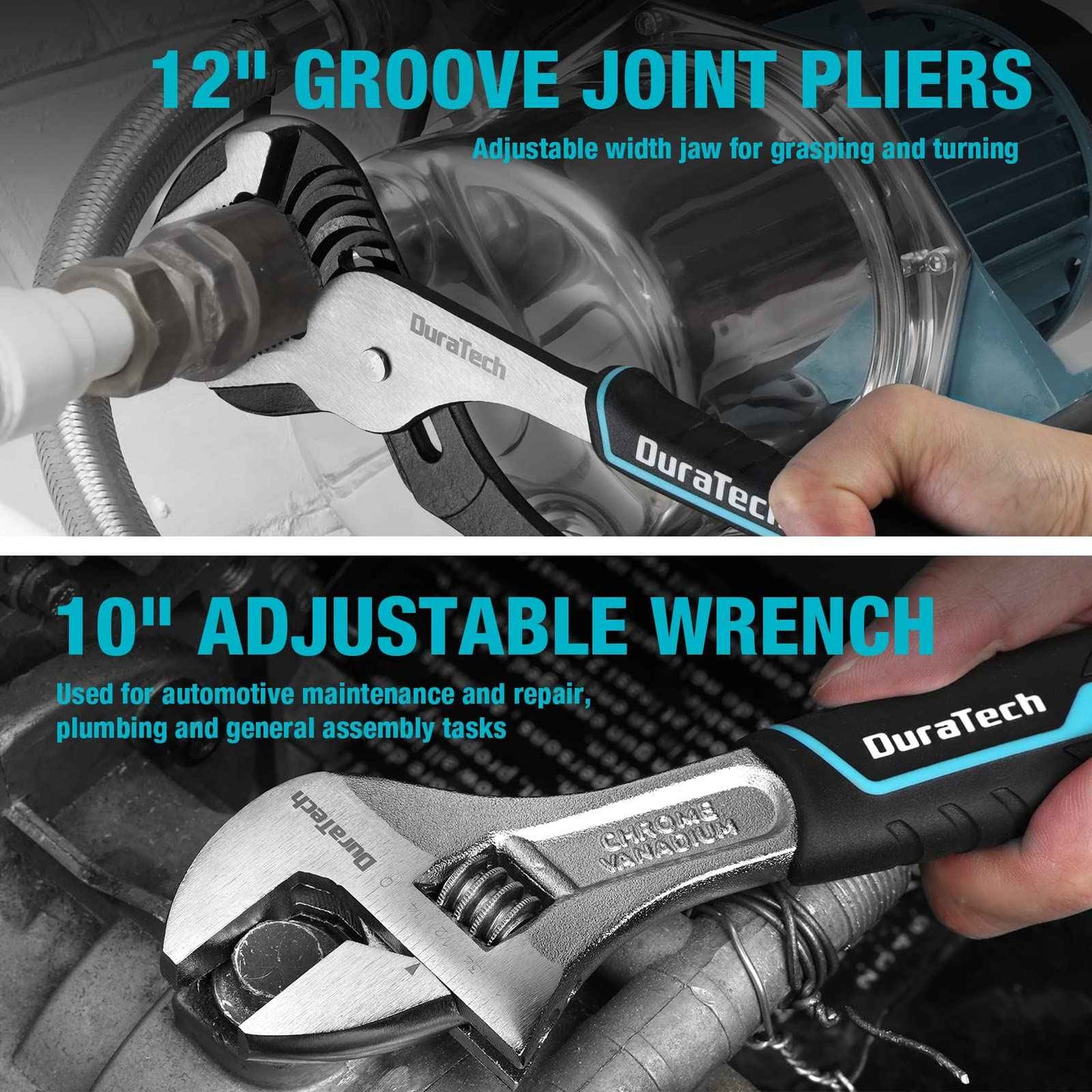 DURATECH 8-Piece Pliers Set with Rolling Pouch, Premium Cr-V/Cr-Ni Construction, (12", 10", 8" Groove Joint Pliers, 8" Adjustable Wrench, 8" Linesman, 6" Long Needle Nose, 6" Slip Joint, 6" Diagonal)