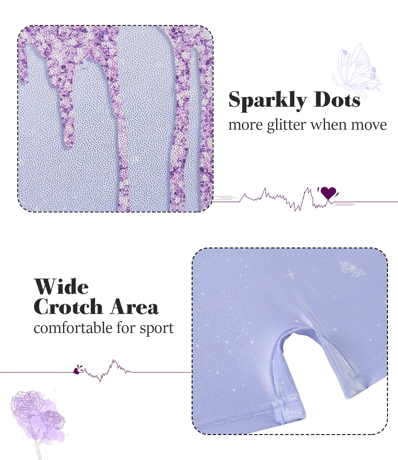 Vogseek Sparkly Gymnastics Leotards for Girls 6 7 Years Cute Light Purple Shiny Ballet Dance Unitards Biketards with Hair Scrunchie Kids Tumbling Shorts Activewear Clothes, Purple Fluid