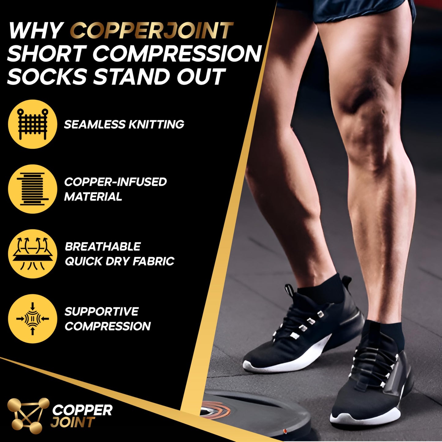 CopperJoint Low Cut Ankle Compression Socks 3 Pairs, Breathable Moisture Wicking for Sports & Daily Use, Black, L-XL