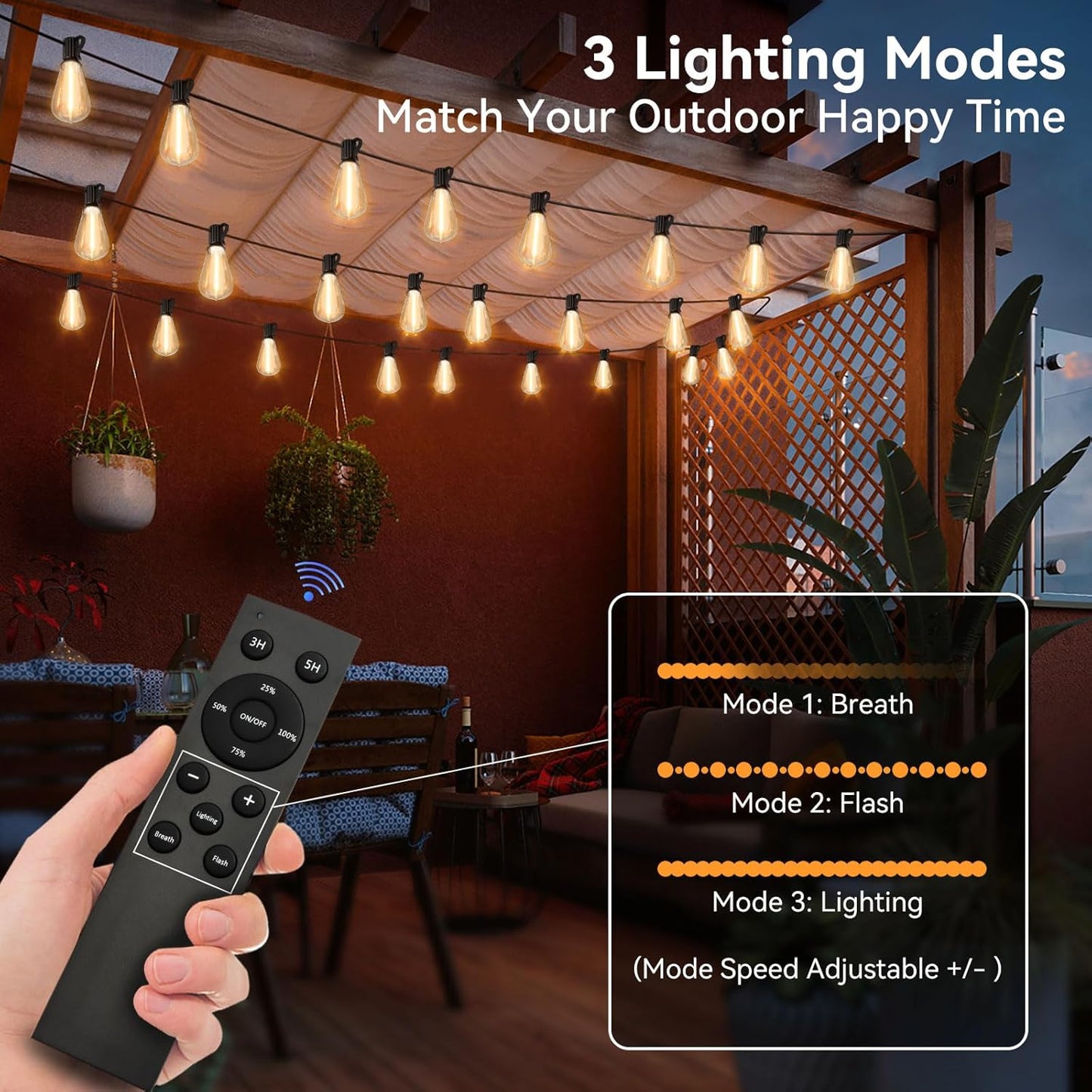 100 FT Waterproof Outdoor String Lights with Dimmable ST38 LED Bulbs - Shatterproof, 3 Light Modes for Patio & Backyard