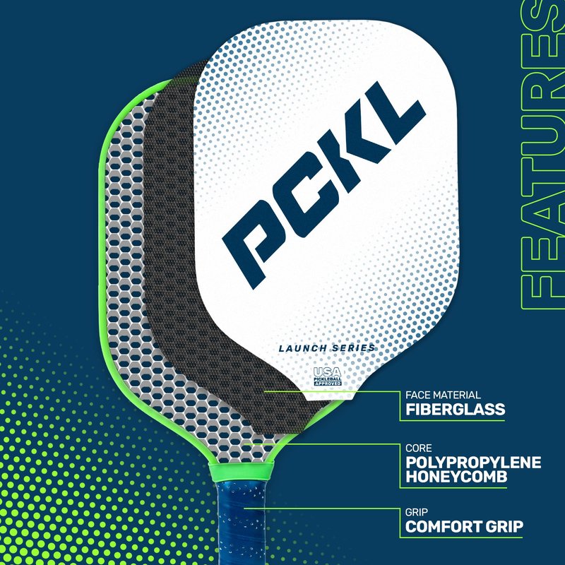 PCKL Launch Series Pickleball Paddle Racket | USA Pickleball Approved (USAPA) | Fiberglass Face with Large Sweet Spot | Honeycomb Core (White)