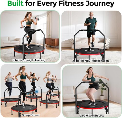 BCAN SP2 Foldable Mini Trampoline - Max Load 330lbs/440lbs | Adjustable Foam Handle for Indoor & Garden Workouts
