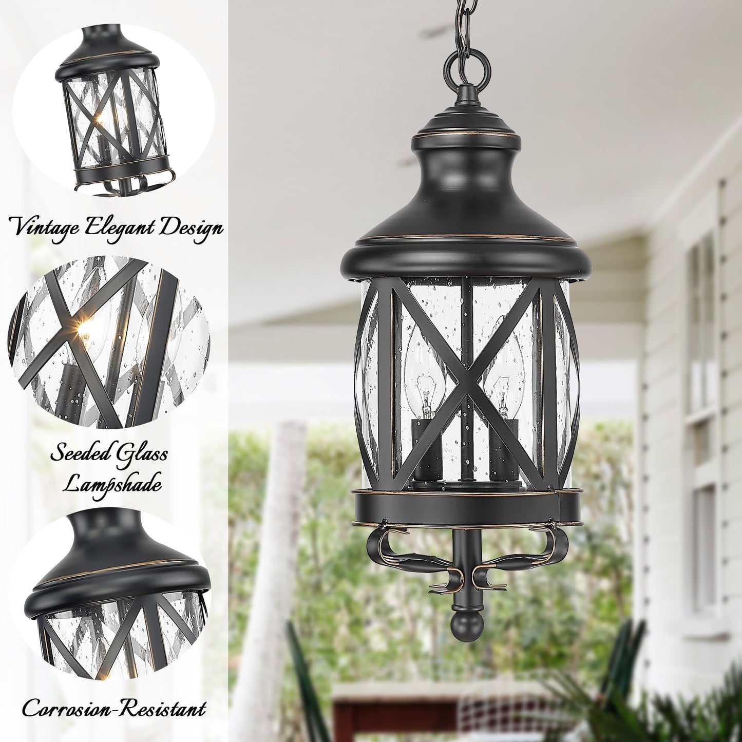 ALLGOT Outdoor Pendant Light for Porch,17.5 Inch Tall Farmhouse Pendant Lights, Outdoor Hanging Lanterns, Anti-Rust Exterior Hanging Porch Lights, Waterproof Ceiling Lanterns with Seeded Glass(Black)
