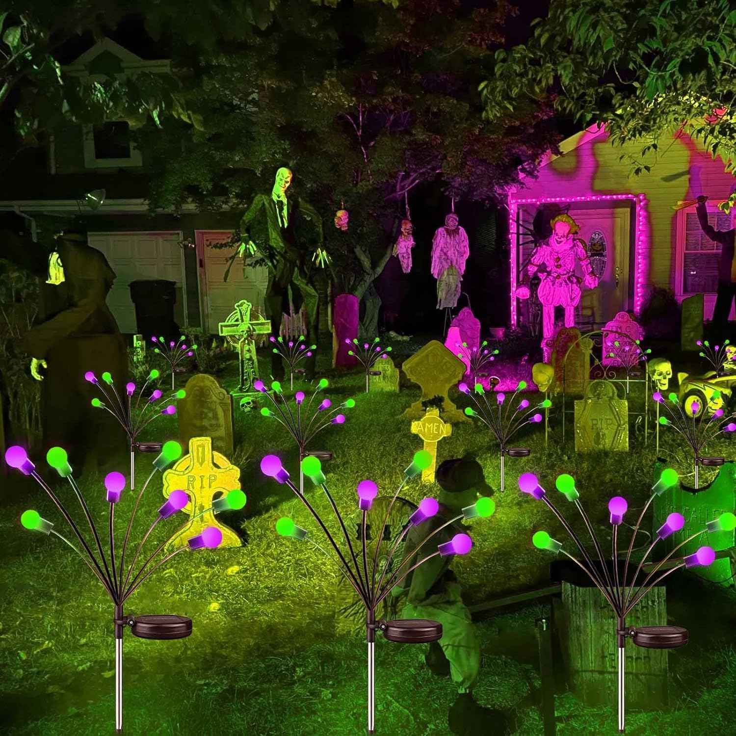 48 LED Solar Halloween Lights - 6 Pack Purple & Orange Waterproof Firefly Lights for Garden & Patio Decor