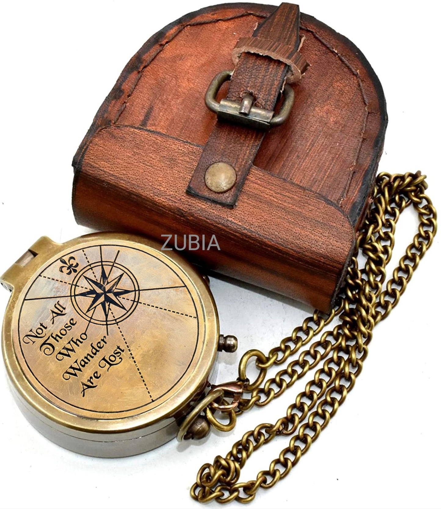 Vintage Brass Compass with Engraved Quote “Not All Those Who Wander are Lost” – Antique Nautical Pocket Compass with Leather Case – Personalized Gift for Anniversary, Birthday, Travel Lovers