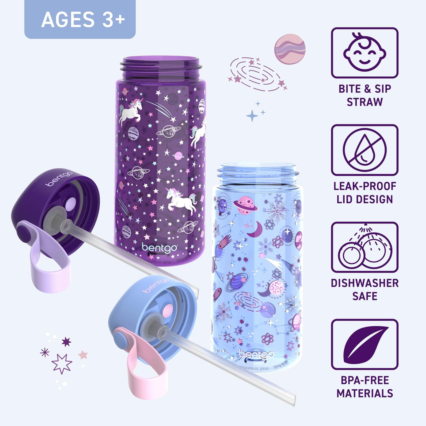 Bentgo Kids Water Bottle 2-Pack - Leak-Proof Durable Tritan BPA-Free 15 oz Cup for Kids/Toddlers Ages 3+; Bite & Sip Spout + Dishwasher Safe for School/Sports/Daycare/Camp (Unicorn/Lavender Galaxy)