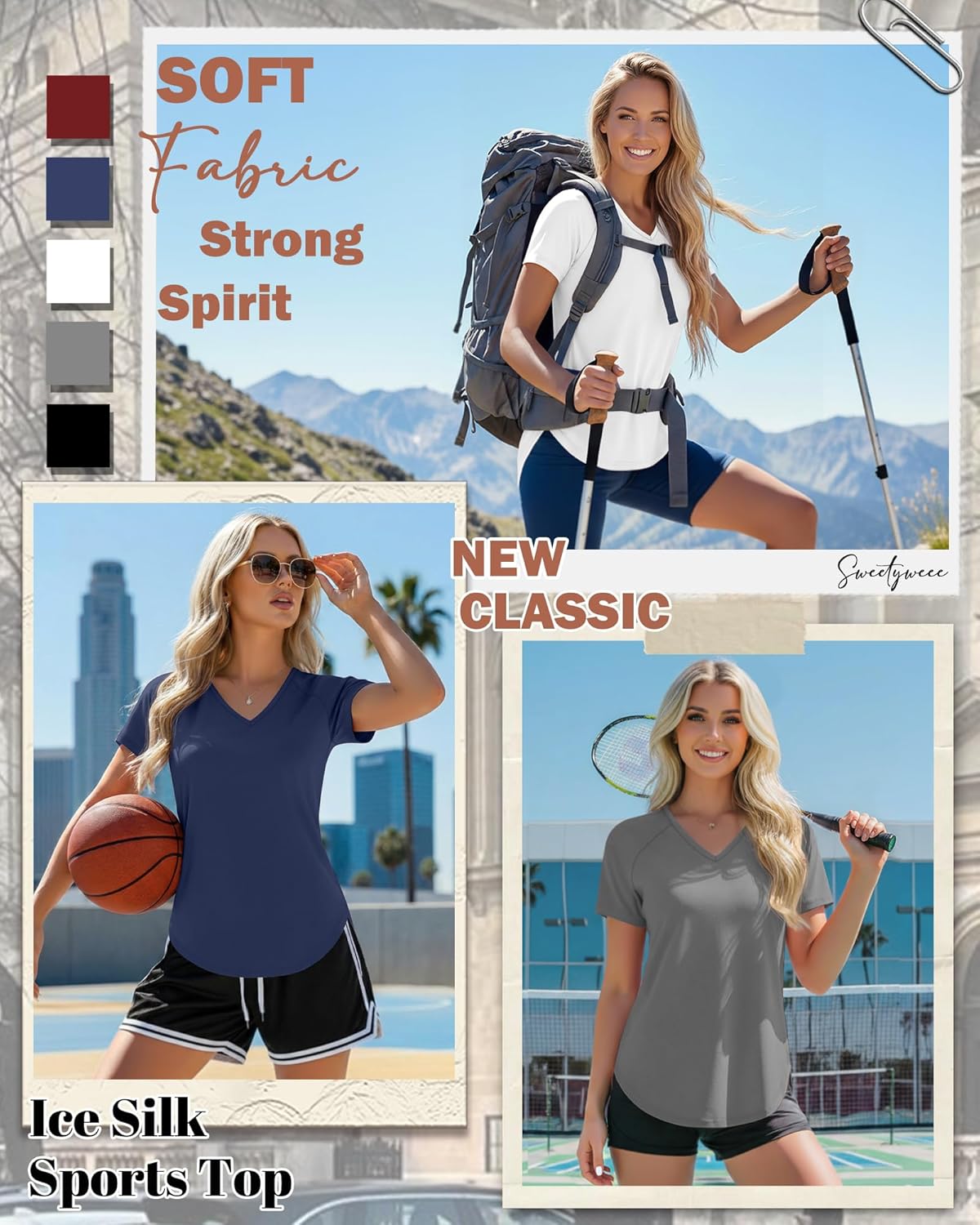 Skiennix Women's Quick-Dry Workout T-Shirts - UPF 50+ Sun Protection | V-Neck, Side Slits, Curved Hem - 5 Pack