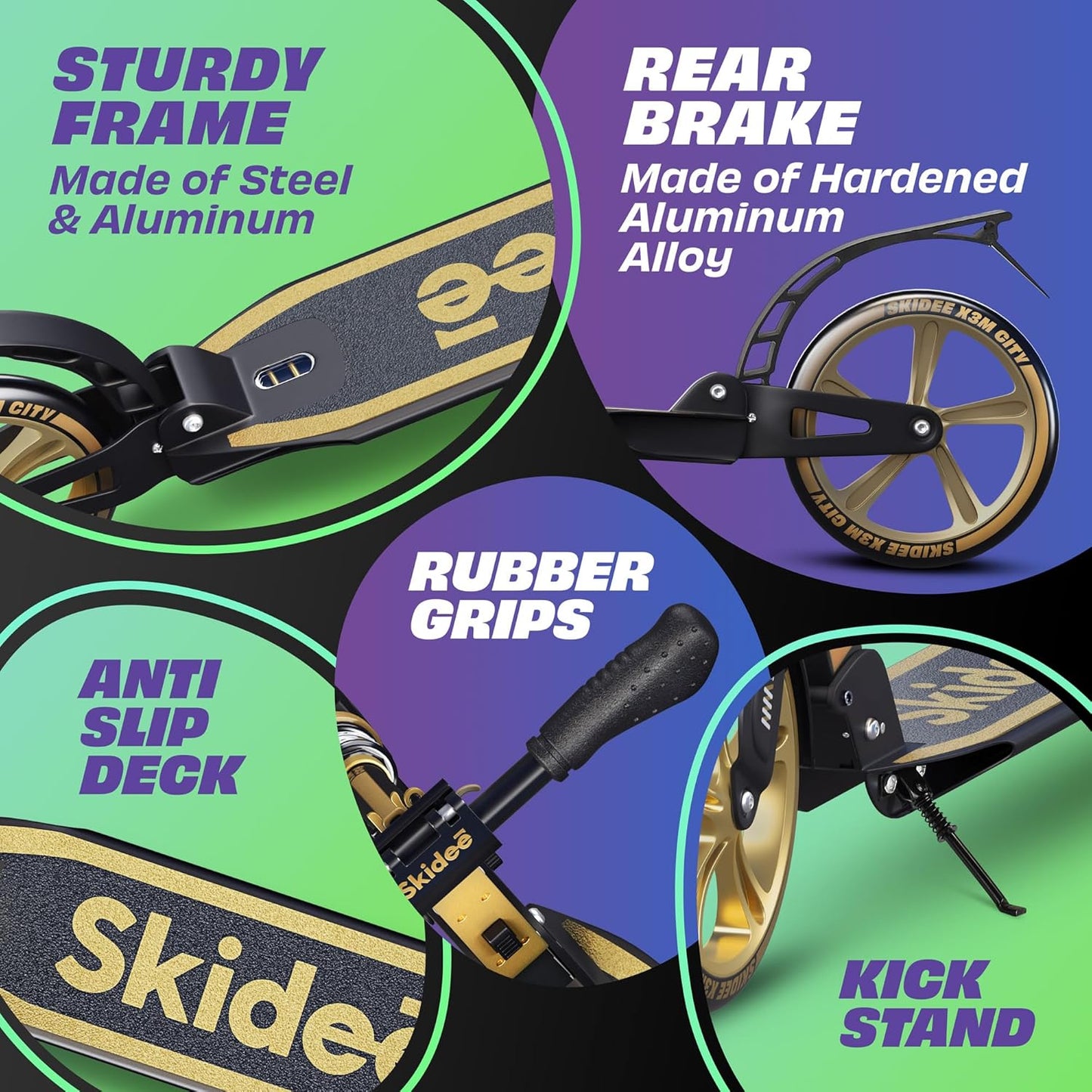 Skidee Adult & Teen Scooter - Adjustable Height, Lightweight & Durable with Large Wheels | Anti-Shock Suspension, 220 lbs Capacity