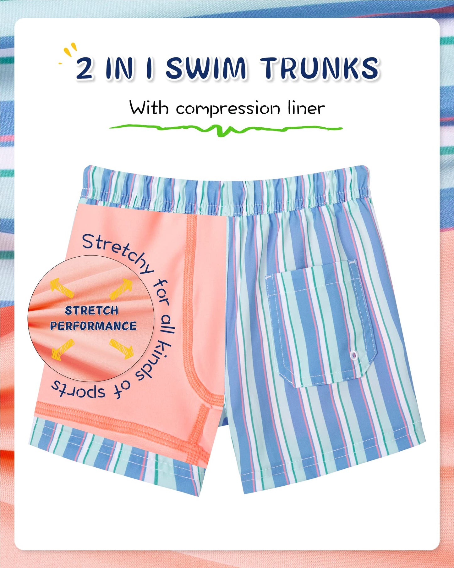 SURF CUZ Boys Swim Trunks with Boxer Brief Liner 2 in 1 Toddler Stretch Swimsuit Shorts Quick Dry Swimming Bathing Suit Blue Orange Stripes 10/12