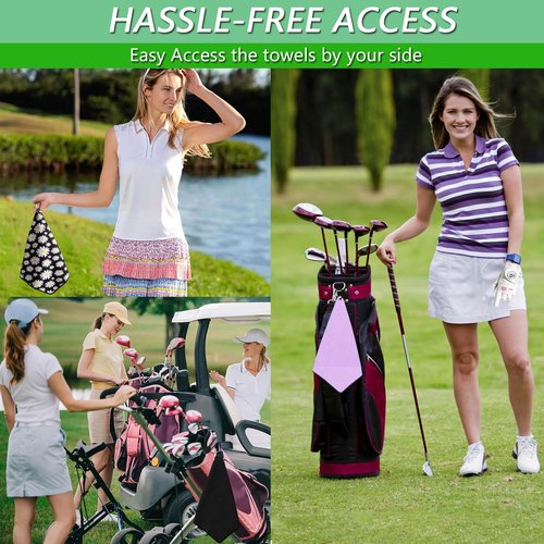 FINGER TEN Golf Towel Microfiber Waffle Towels for Golf Bags for Men Women with Clip 15.7’’X15.7’’ Set in Gray Black Blue Purple (Daisy&Black&Purple, 15.7L x 15.7W)