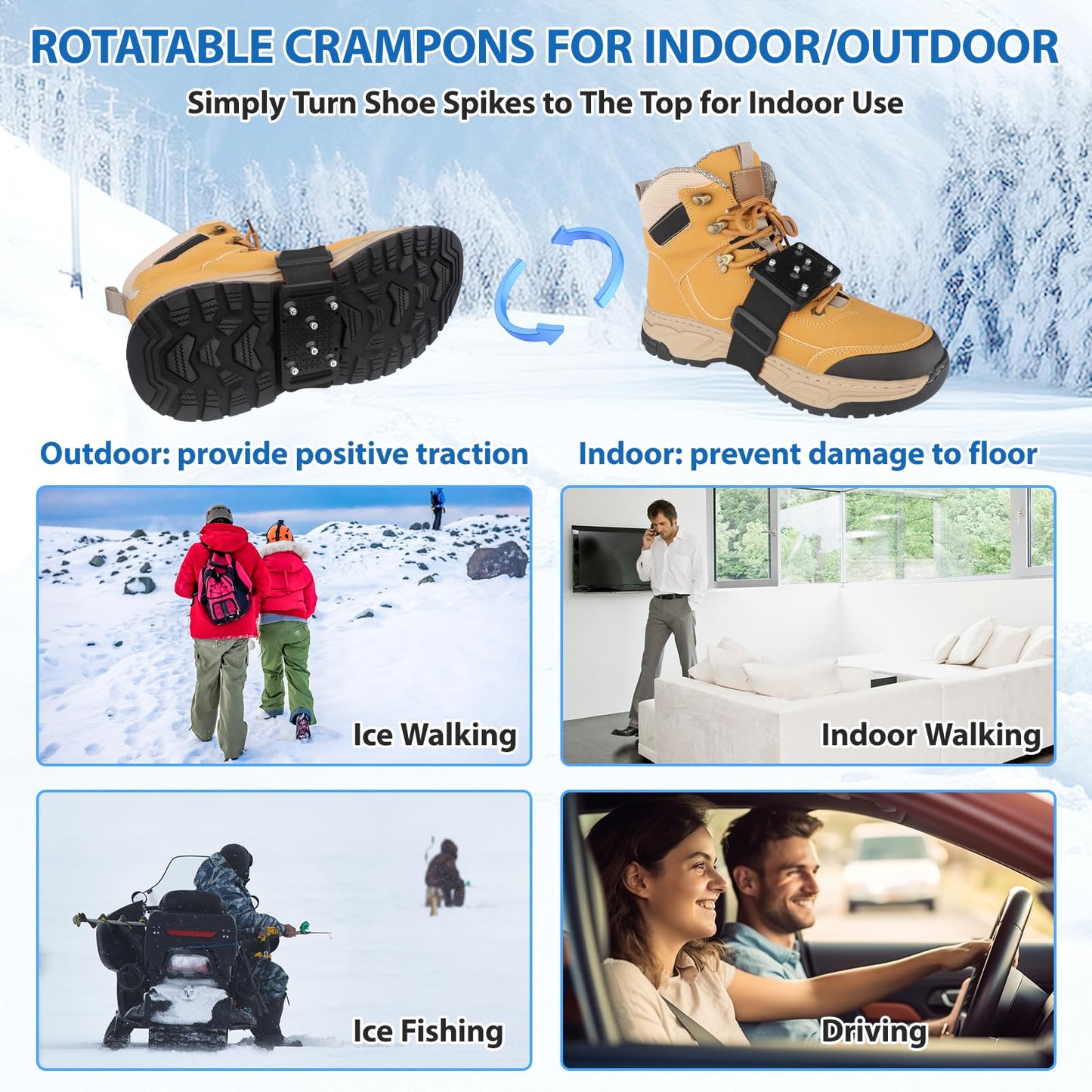 SYOURSELF Ice Cleats Crampons for Shoes and Boots, Rotatable Mid-Sole Traction Cleats Shoe Spikes for Snow and Ice, Non Slip Tungsten Spikes Ice Shoes Grippers for Men Women Winter Indoor/Outdoor