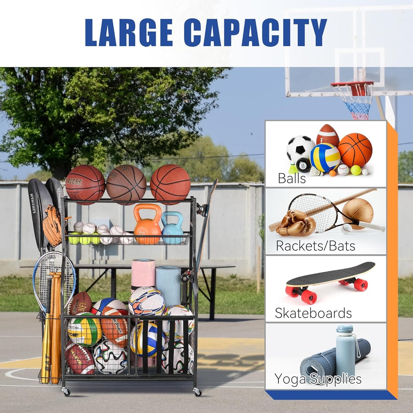 Mythinglogic Sports Equipment Organizer - Large Capacity Storage with Hooks & Baskets for Garage