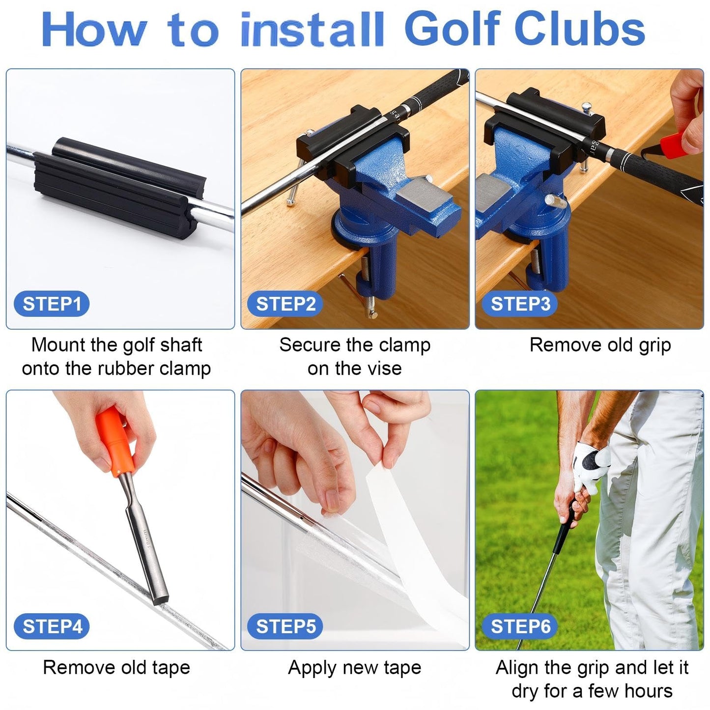 Lanties Golf Grip Kits for Repair Golf Clubs Heavy Duty Grip Removal Repair Tool Kit with 360° Portable Table Vise Rubber Clamp Hook Knife Double-Sided Tape Strips Tape Remover and Gloves(Blue)