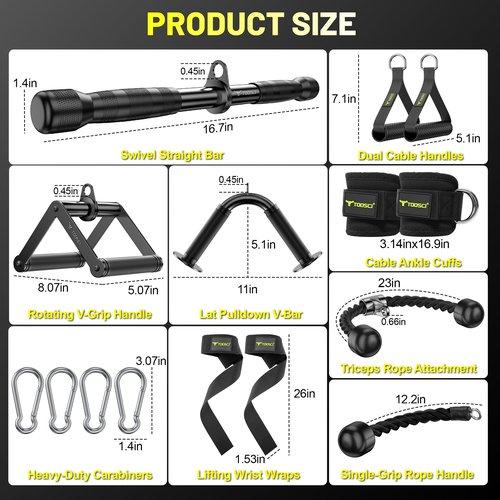 Toosci Cable Attachments for Gym, LAT Pulldown & Cable Machine Attachment Set: V-Shaped Bar, Rotating Straight Bar, V Rotation Handle, Nylon Tricep Rope, Ankle Straps & Handles, Home Gym