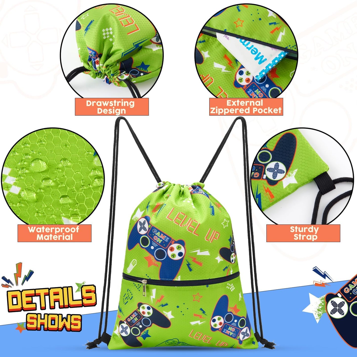 WAWSAM Game Kids Drawstring Backpack Waterproof, Gym Swim Bag Cinch Bag for Boys Kids Waterproof Beach Bag Draw String Bags, Back to School Birthday Gift with Zippered Pocket