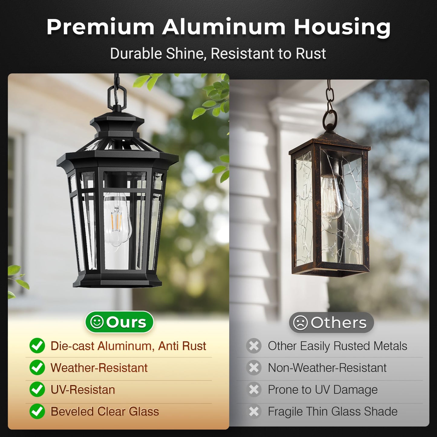 OPAXIS Large Outdoor Pendant Light Fixture, 16'' Black Exterior Hanging Lanterns with Adjustable Chain, Waterproof Outdoor Ceiling Lights for Porch, 100% Aluminum Exterior Chandelier for Gazebo, Patio