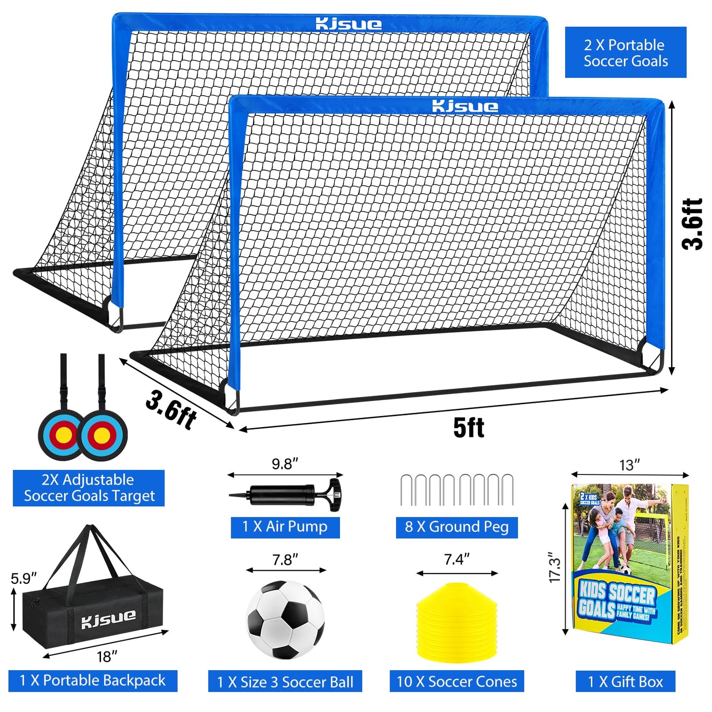 Soccer Goal, Kids Soccer Goals for Backyard Set of 2, 5 x 3.6ft Soccer Net Training Equipment, Pop Up Toddler Soccer Goal for Outdoor Indoor Sports Games with Ball, Cones, Targets (Blue)