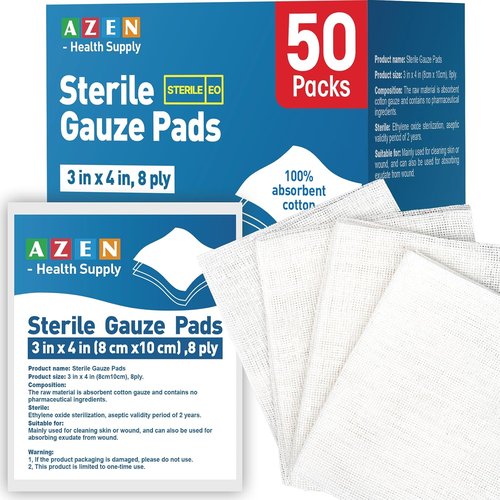 AZEN Sterile Gauze Pads - 50 Pack Non-Stick 3" x 4" Cotton Sponges for Wound Care & First Aid