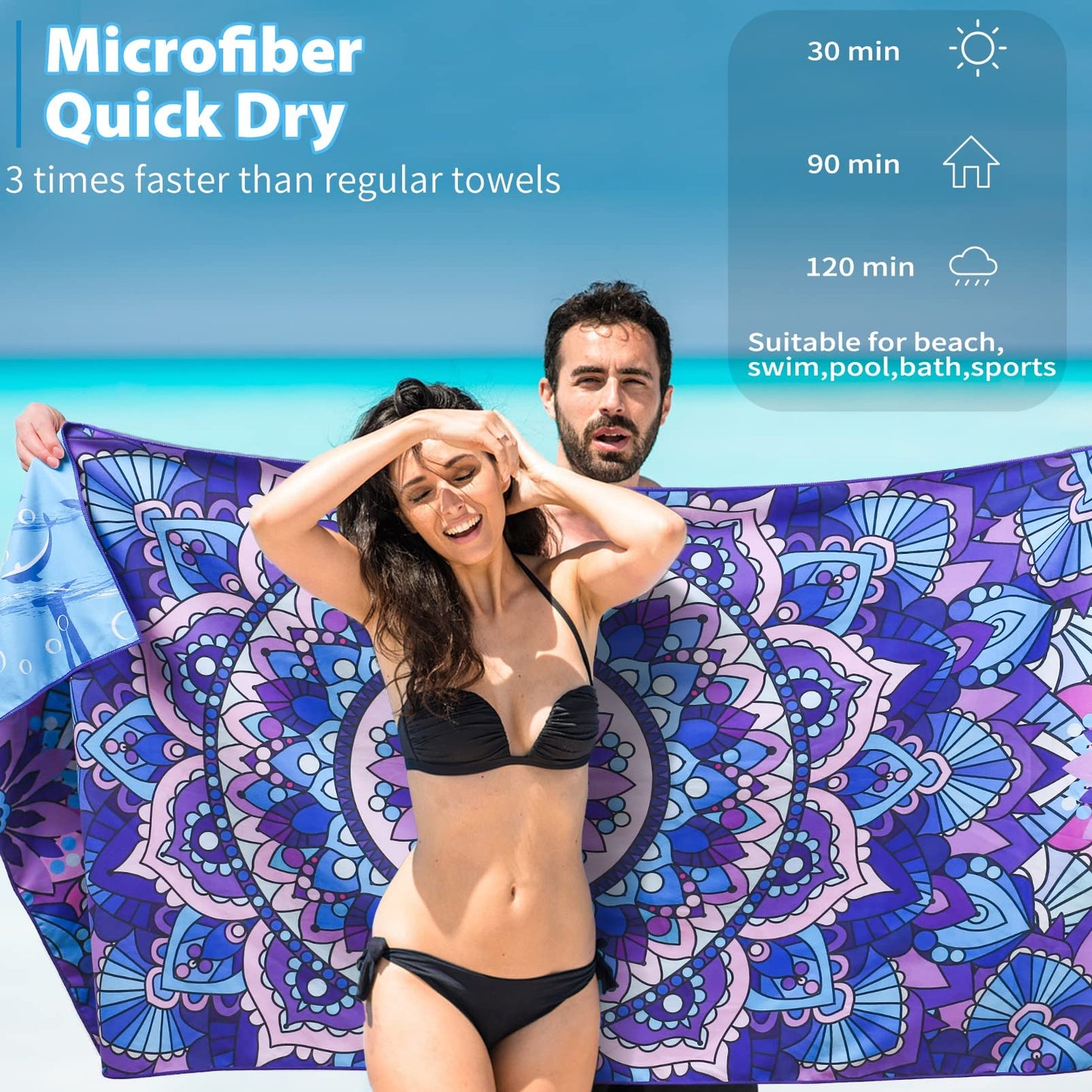 TwoYek Microfiber Sand Free Beach Towel Thin Quick Dry Super Absorbent Oversized Large Lightweight Towels for Travel Sports Pool Swimming Bath Camping Yoga Girls Women Adults
