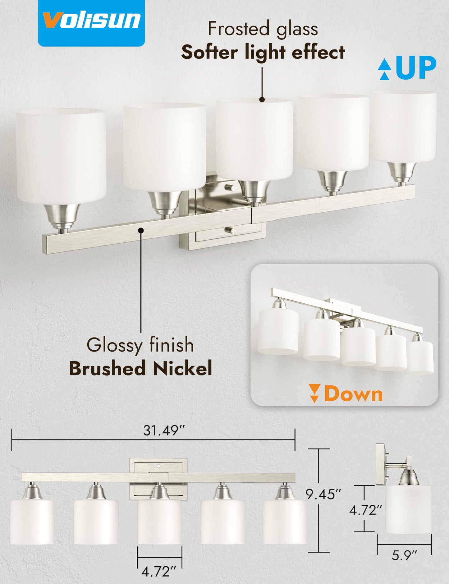 VOLISUN Brushed Nickel Bathroom Light Fixtures, 5-Light Bathroom Vanity Lights Over Mirror, Modern Vanity Light for Bathrooms, Bathrooms Lights Fixtures Over Mirror with Milky White Glass Shades