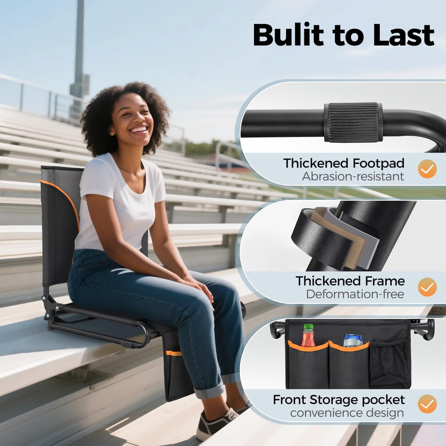 ALPHA CAMP 2PK Stadium Seats for Bleachers, Portable Wide Bleacher Seats with Backrest and High-Density Foam Padding, Stadium Chairs with Cup Holder for High School Football & Baseball