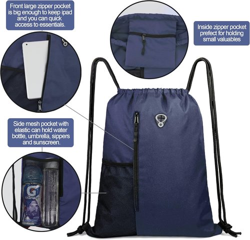 BeeGreen Navy Sports Gym Bag - Large Drawstring Backpack with Zippered Pocket & Mesh Water Bottle Pockets