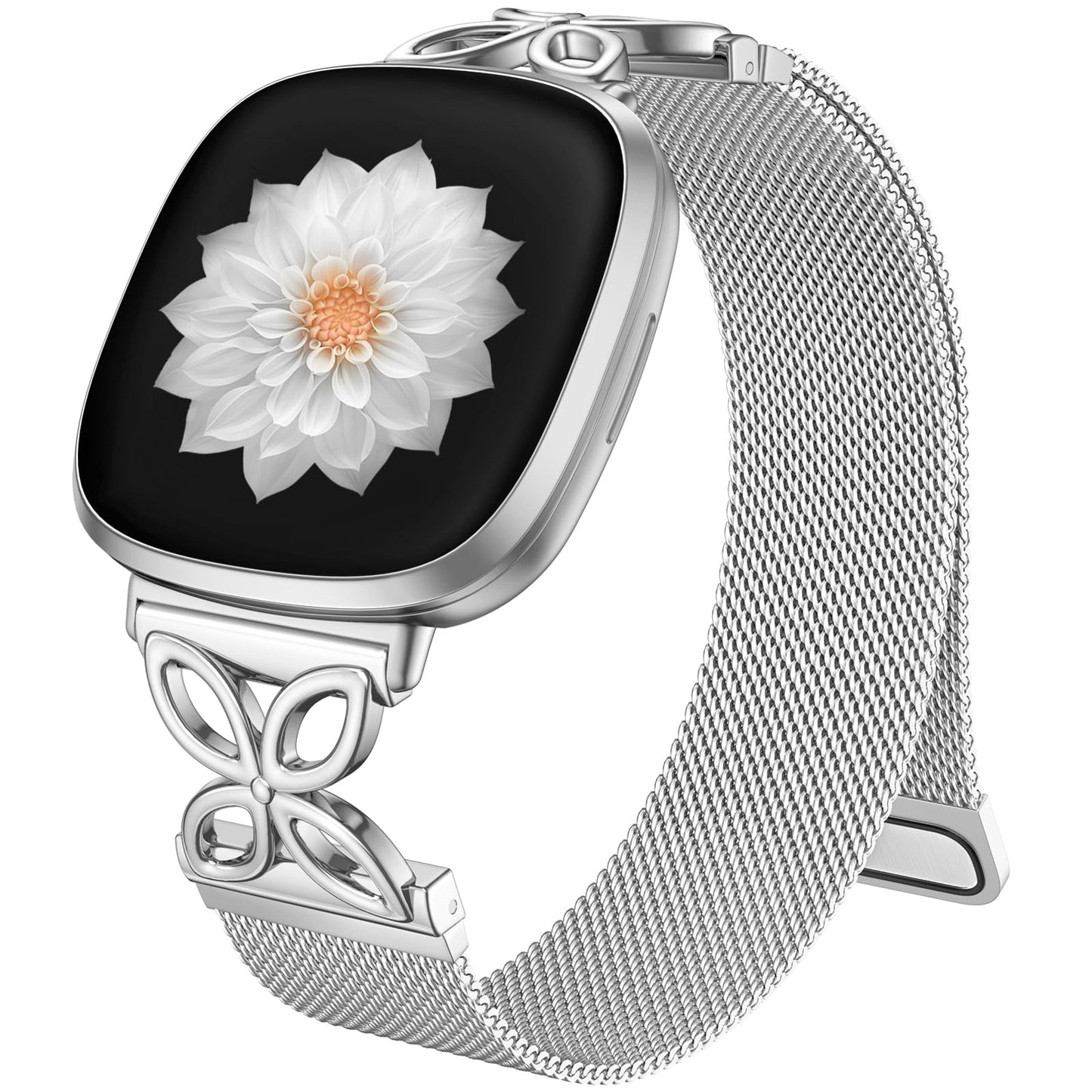 JKD Floral Shape Metal Band Compatible with Fitbit Versa 4 Bands for Women Men/Fitbit Sense 2 Bands, Stainless Steel Soft Mesh Loop Sports Strap for Fitbit Sense/Versa 3/Versa 4 Smartwatch, Silver