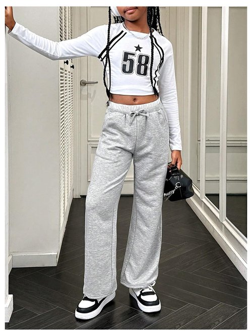 SOLY HUX Girl's Drawstring Waist Baggy Sweatpants Wide Leg Casual Loose Long Pants Pure Grey 11Y