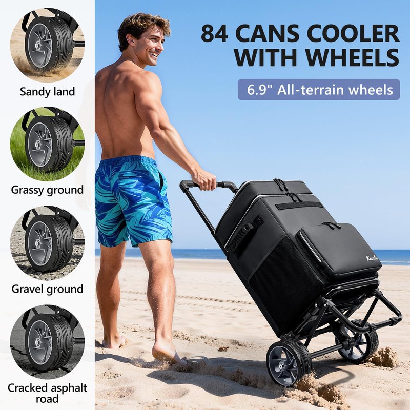 KEDSUM 84-Can Large Cooler with Wheels, Collapsible Wheeled Soft Sided Cooler with 7" Big Wheel, Ideal for Beach, Camping, Fishing & Road Trip, 20+ Hour Ice Retention & Anti-Tipping Design