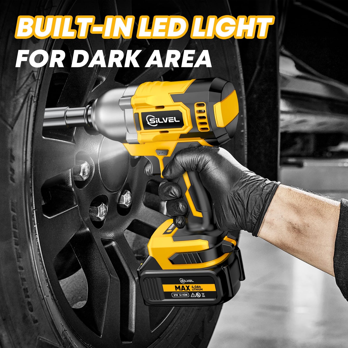 SILVEL Cordless Impact Wrench, 480 Ft-lbs (650N.m) Impact Gun 1/2 inch, 2 * 4.0Ah Battery Powered Brushless Impact Wrench with 6 Sockets, Fast Charger