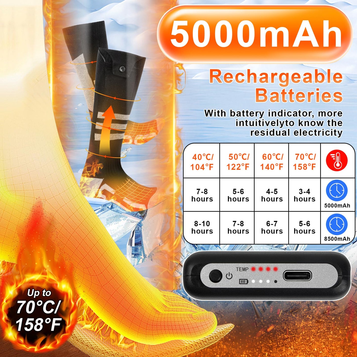 Heated Socks for Men Women Rechargeable: Olycism Improved Heated Socks 5000 mAh Battery Electric Thermal Clothing Chauffant Pour Femme 4 Temperature Adjustable Outdoor Riding Camping Hiking Skiing (M)
