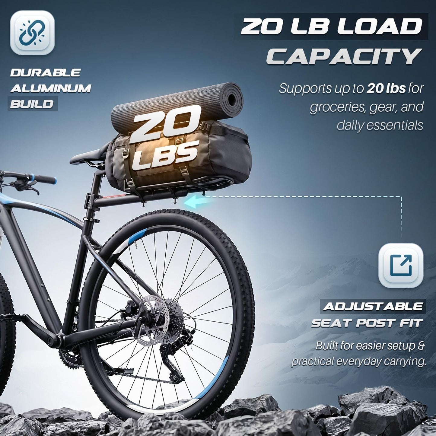Flexzion Adjustable Bicycle Carrier Rack, 20lb Capacity, Black - Back Bike Cargo Rack, Universal Extendable Aluminum Rear Seat Post Bike Rack Caddy, Ideal for Luggage, Equipment, and Touring Gears