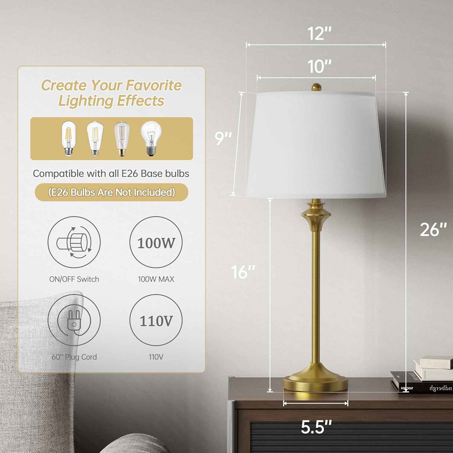 Brass Gold Table Lamps Set of 2 - 26" Modern Buffet & Nightstand Lamps for Living Room, Bedroom, Office