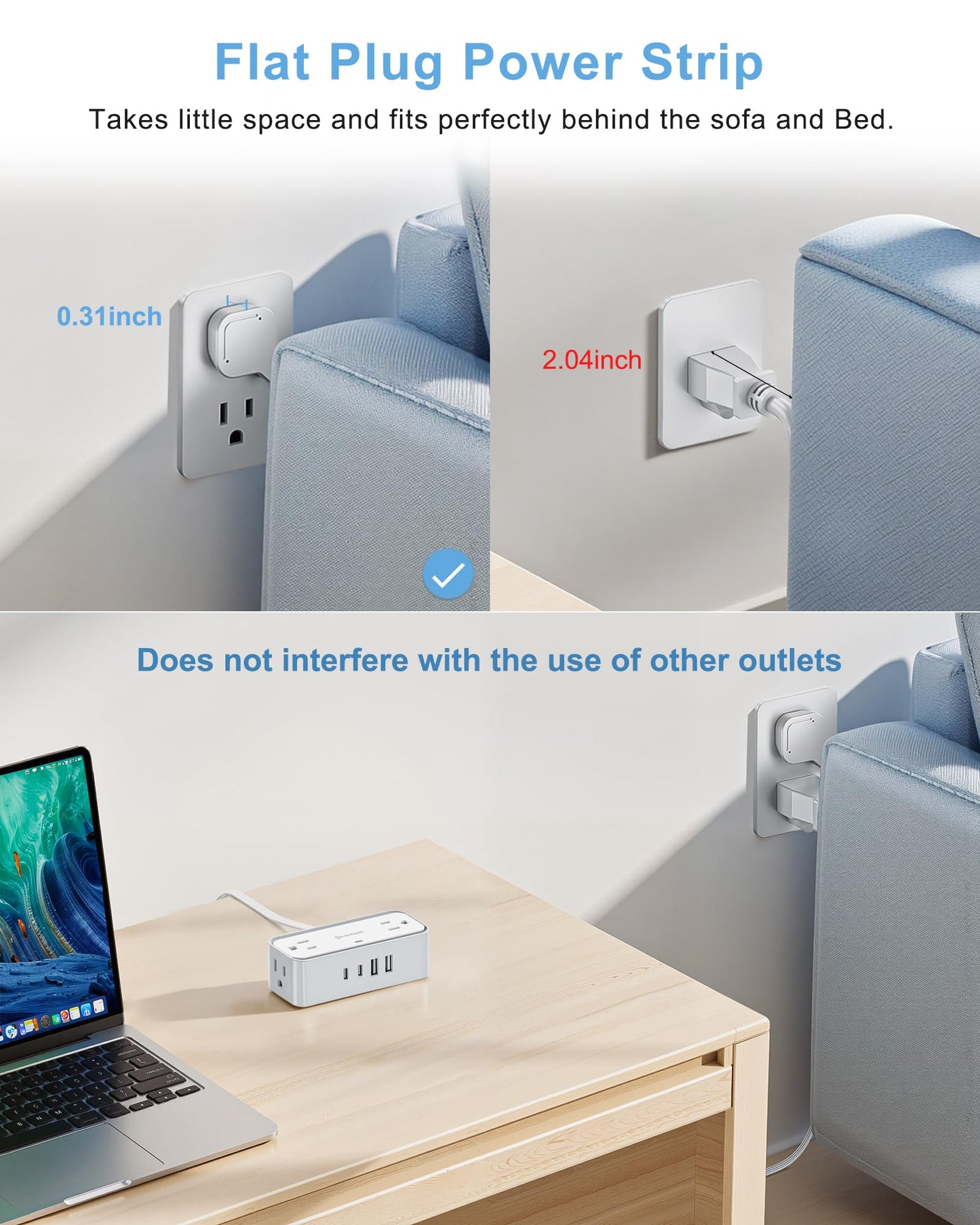 Surge Protector Power Strip, REALMADE 4 AC 4 USB Power Strip, Flat Plug Outlet Extender, 5Ft Extension Cord, Wall Mount Desk Charging for Home Office， White & Gray