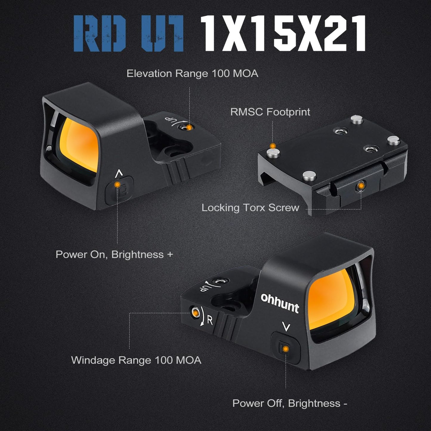 ohhunt RD U1 3 MOA Red Dot Sight for RMSc Footprint and Picatinny Mount 1X21X15mm Micro Shake Awake Red Reflex Sight 10 Brightness Levels
