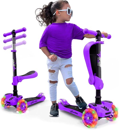 Hurtle 3-Wheeled Kids Scooter - LED Wheel Lights, Adjustable Handlebar & Foldable Seat | Sit or Stand Ride for Ages 1-14