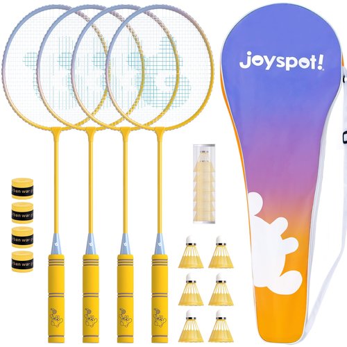 Badminton Rackets Set of 4 for Outdoor Backyard Games,Including 4 Rackets, 6 Nylon Shuttlecocks, 4 Replacement Grip Tapes and 1 Carrying Bag, Lightweight Badminton Racquets for Kids Adults Beginners