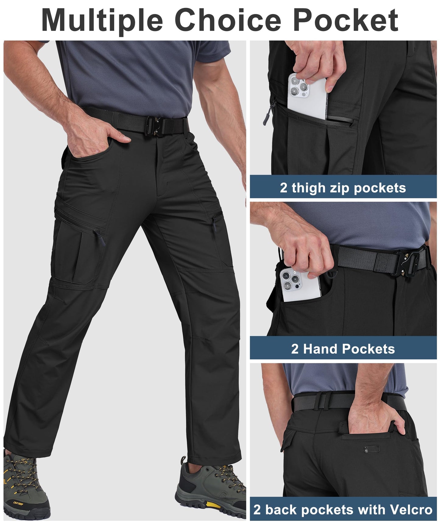 Buyboxs Mens Hiking Pants Water Resistant Ripstop Cargo Pants Lightweight Nylon Quick Dry Outdoor Tactical Work Travel Pants 6 Pockets Black 34W*30L