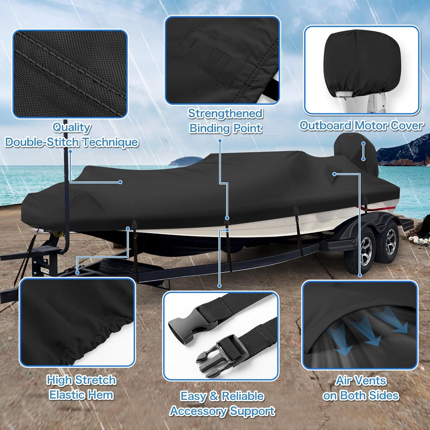 Solim Waterproof 1200D PU Boat Cover - Heavy Duty Marine Grade for 14-16ft V-Hull & Fishing Boats | Black