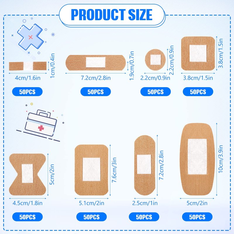 400 Pcs Bandages Bulk Various Sizes Food Service Waterproof Adhesive Bandages Sterile Processing Non Stick Strips Pad for First Aid & Wound Care Protection(8 Styles)
