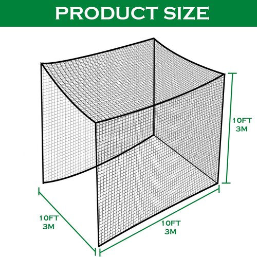 Golf Batting Cage Netting Golf Practice Nets, 10ft x 10ft x 10ft Frame NOT Included, with 4 Carabiners and 2 Tie Rope, for Backyard, Black