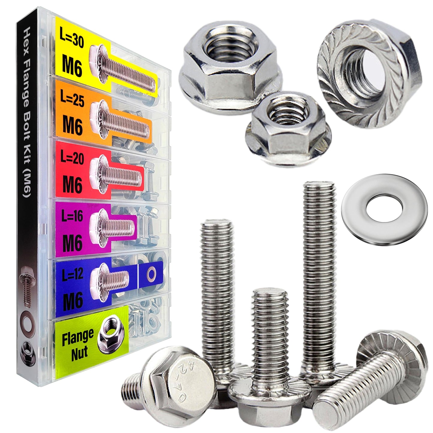 EEEEE Metric Hex Flanged Bolt Assortment Kit 138pcs and Nuts Kit Set,M6 Bolt 12 mm 16mm 20mm 25mm 30mm, Flange Metric Large Hardware Grade Hex Bolt Assortment,304 Stainless Steel Class Flat Washers
