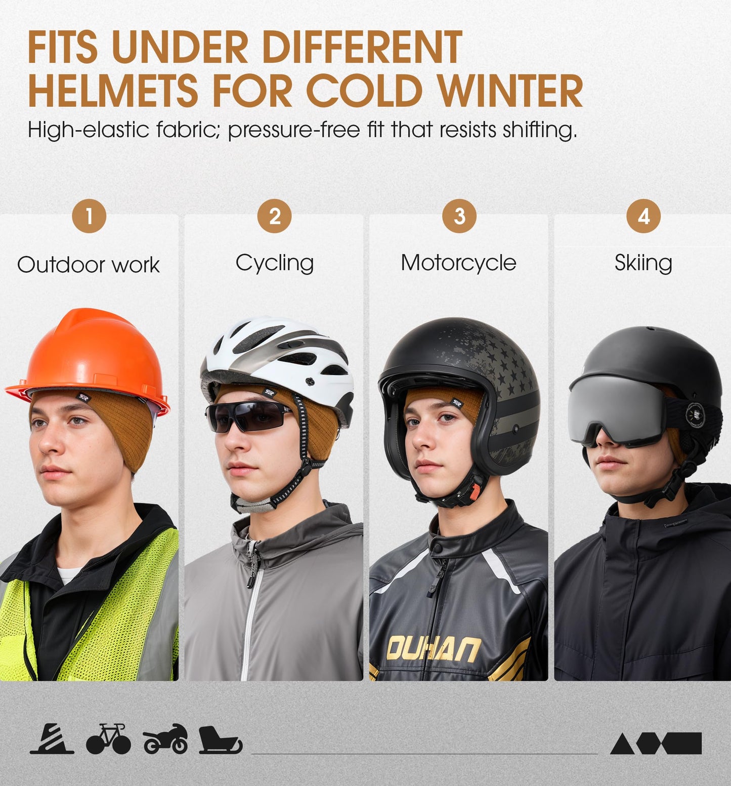 SUNMECI Winter Thermal Helmet Liner Skull Cap, Fleece Lined Warm Cycling Cap Ski Hat Beanie for Men Women Brown