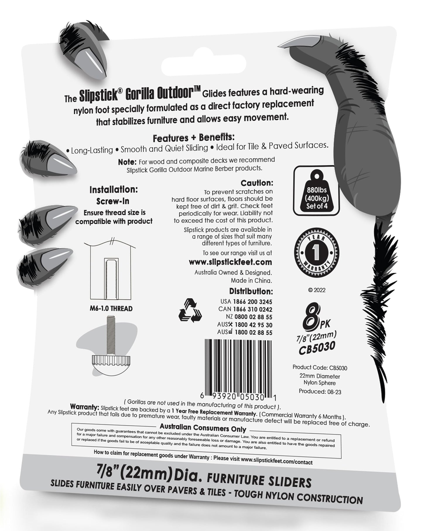 Slipstick Gorilla Outdoor Adjustable Furniture Levelers (8 Pack) Weatherproof Screw in Leg Glides for Chairs, Tables, and Outdoor Furniture Feet, 7/8 Inch Nylon Spherical Glide, M6 Thread