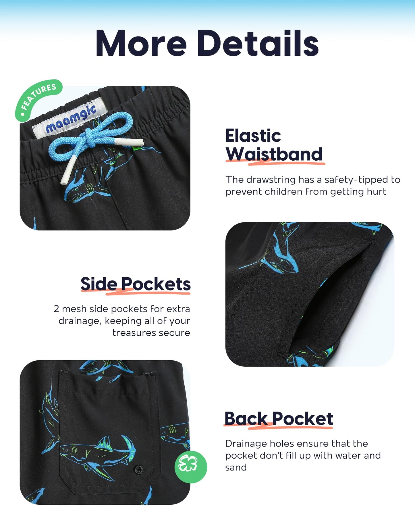 maamgic Boys Swim Trunks with Compression Liner Toddler Stretch Swim Shorts Quick Dry Swimming Trunks Boxer Brief 2 in 1 Beach Shorts Black Shark 14/16