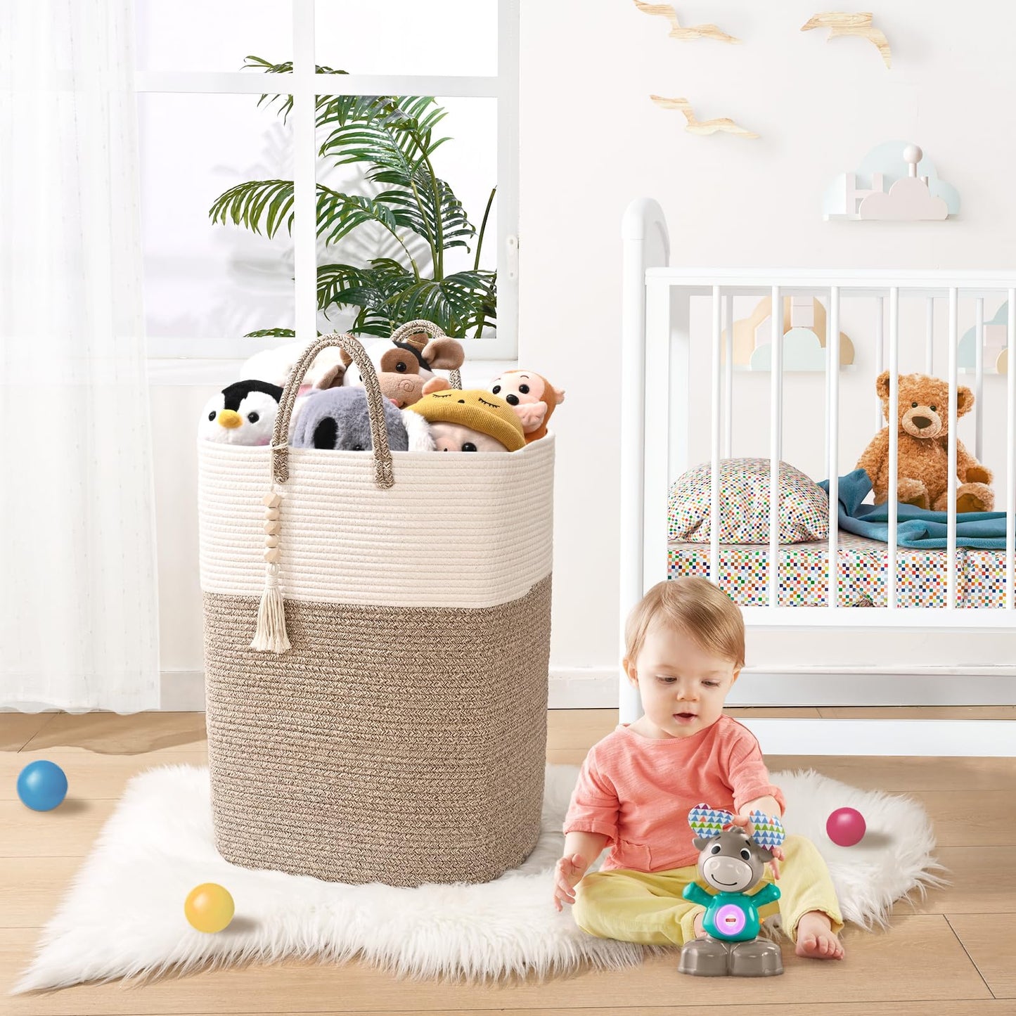 65L Woven Laundry Basket for Clothes, Large Rectangle Laundry Hampers with Beads Tassel, Nursery Storage Basket for Toys, Tall Dirty Clothes Hamper for Bedroom Aesthetic, Laundry Room Organization