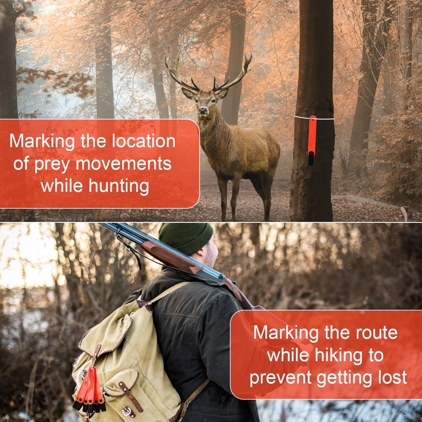 XIHIRCD 24pcs Reflective Trail Markers, Trail Markers with Clips Day & Night Hunting Reflector Trail Markers Trail Marking Tacks for Outdoor Hiking Camping Hunting (Fluorescent Orange)