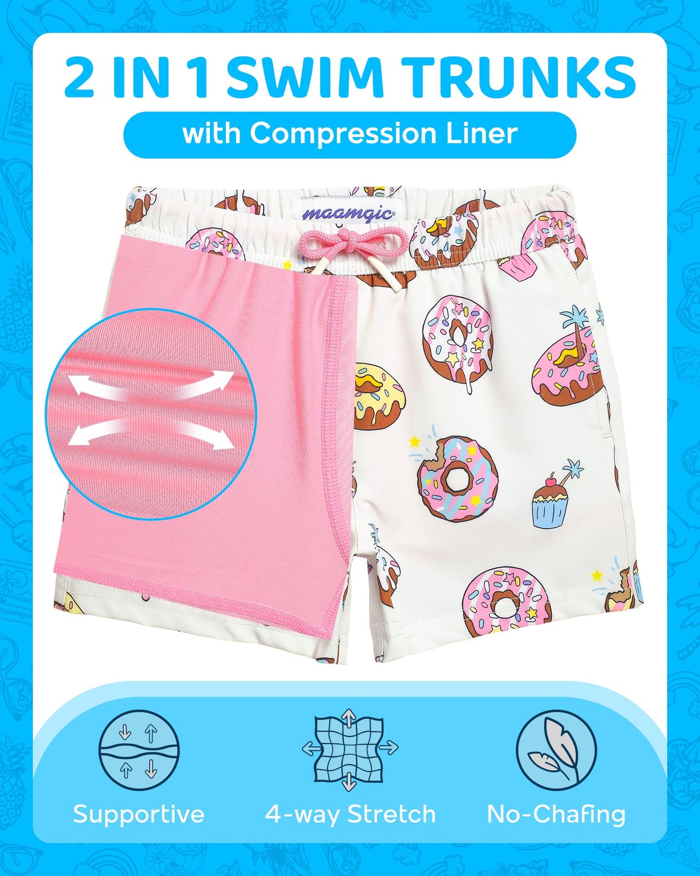 maamgic Boys Swim Trunks with Compression Liner 4-Way Stretch Quick Dry Swim Shorts Swimming Trunks Toddler Donut White 8 Years