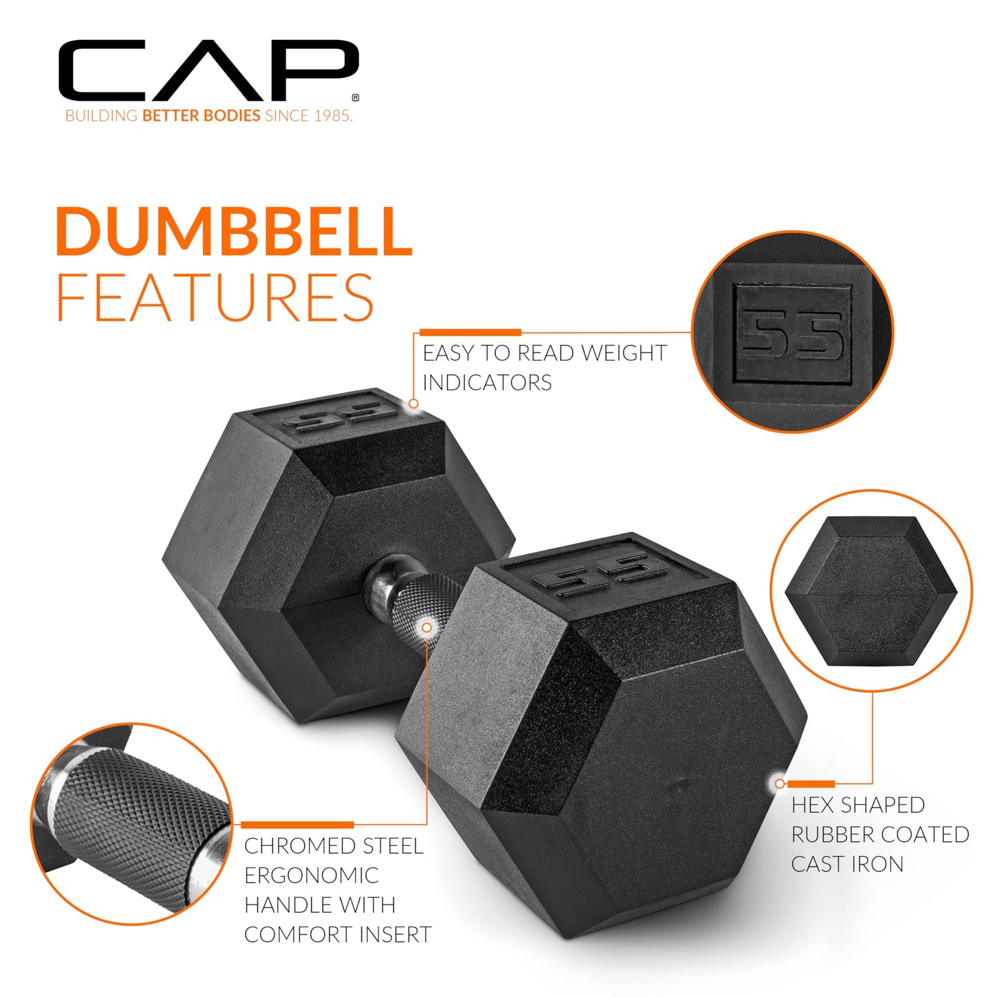 CAP 85 LB Rubber Coated Hex Dumbbell Weight, Rubber Free Weights for Home Gym Strength Training, Comfort Grip Handle, Single